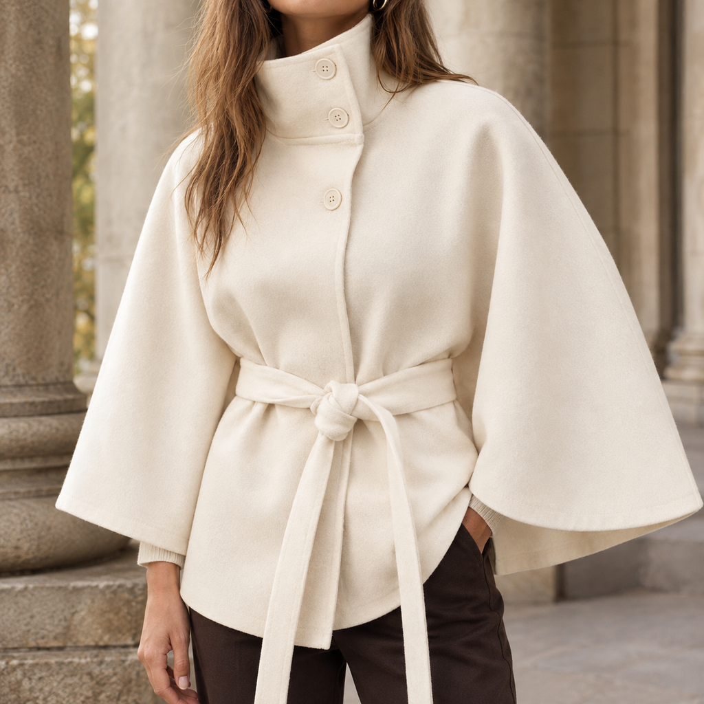 Woman wearing a white belted cape coat with a sweeping silhouette and asymmetric stand collar