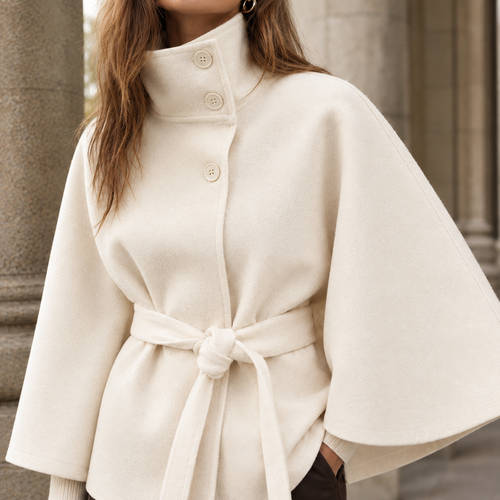 Close view of the white cape coat showing its tonal buttons and adjustable self tie belt