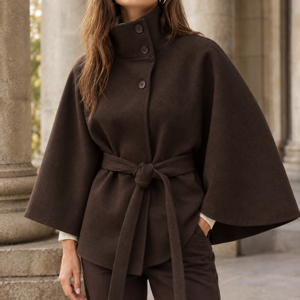 Woman wearing the belted cape coat in brown with tonal button fastening