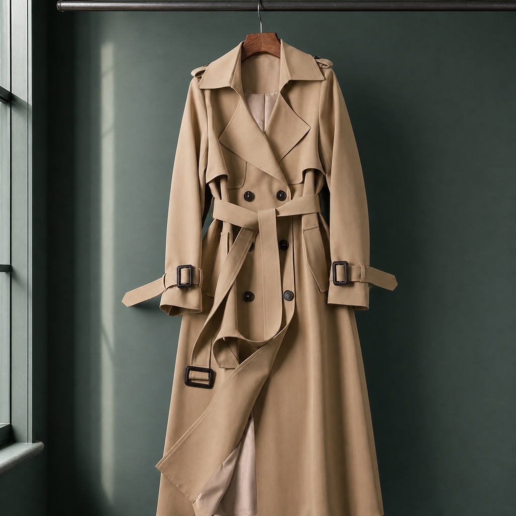 Woman wearing a khaki belted longline overcoat with wide lapels and a gently flared shape