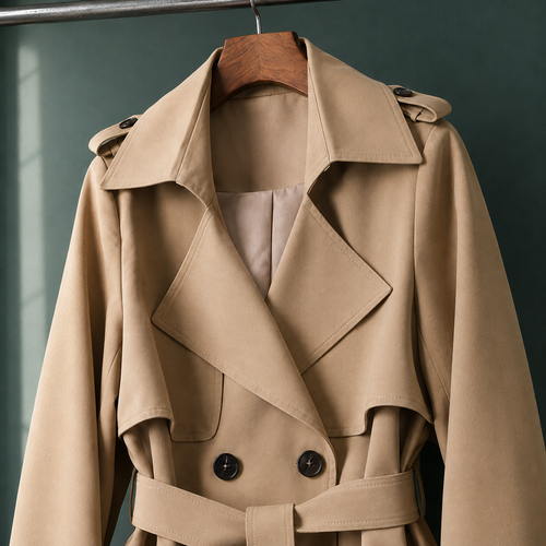 Close view of the khaki overcoat showing its double breasted buttons and adjustable waist belt