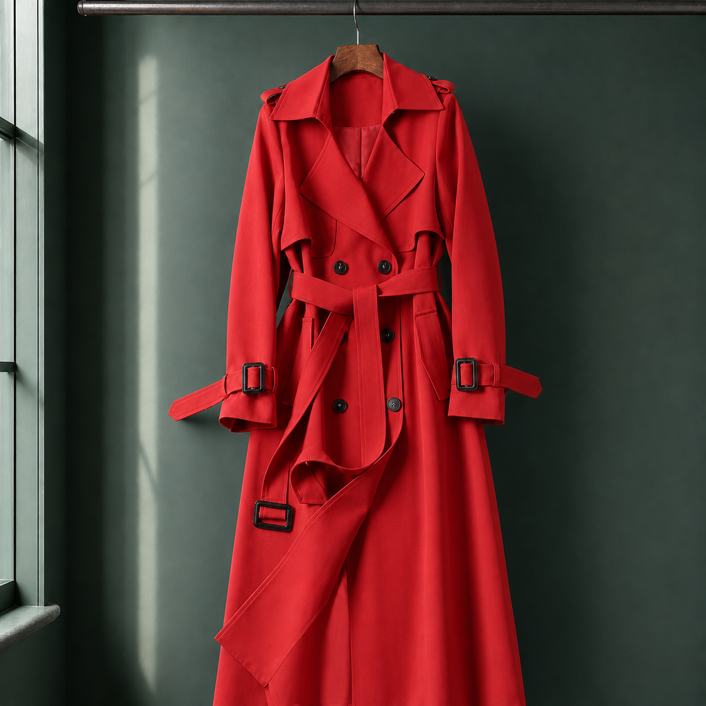 Woman wearing the belted longline overcoat in red with an adjustable waist belt
