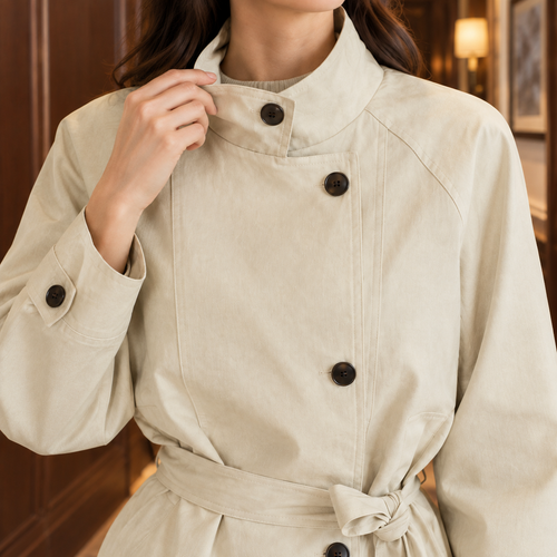 Close view of the off white belted jacket showing the structured collar and waist tie