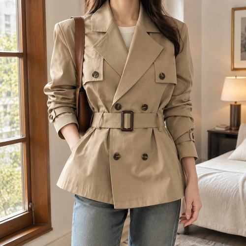 Woman wearing a khaki belted tailored jacket with broad lapels and a double breasted front
