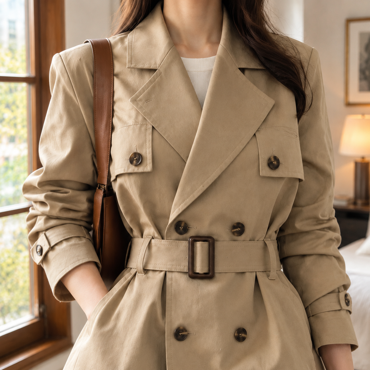 Close view of the khaki tailored jacket showing its buckled waist belt and flared hem
