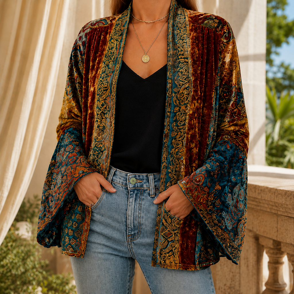 Woman wearing a burgundy boho kimono jacket with an ornate pattern and long bell sleeves