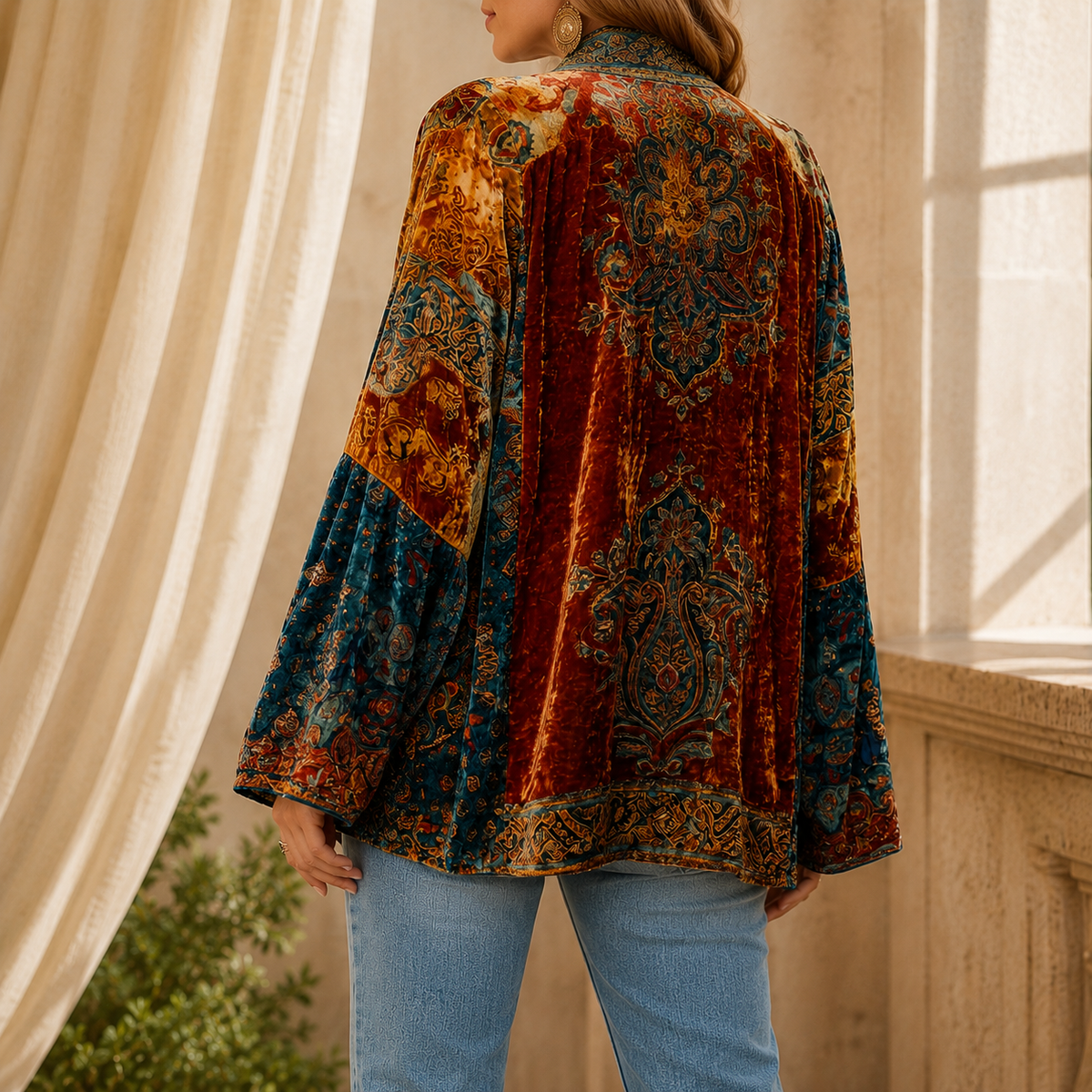 Alternate view of the burgundy patterned kimono jacket showing its flowing open front