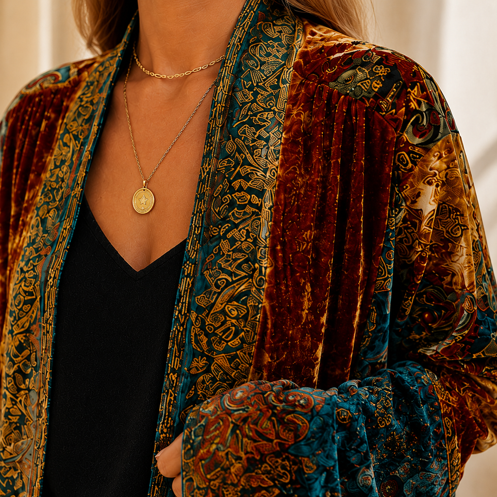 Close view of the burgundy kimono jacket showing the ornate woven pattern