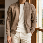 Bomber Jacket in Taupe showing the ribbed trims and angled welt pockets