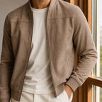 Additional view 3 of the Black bomber jacket showing the ribbed trims and angled welt pockets and construction