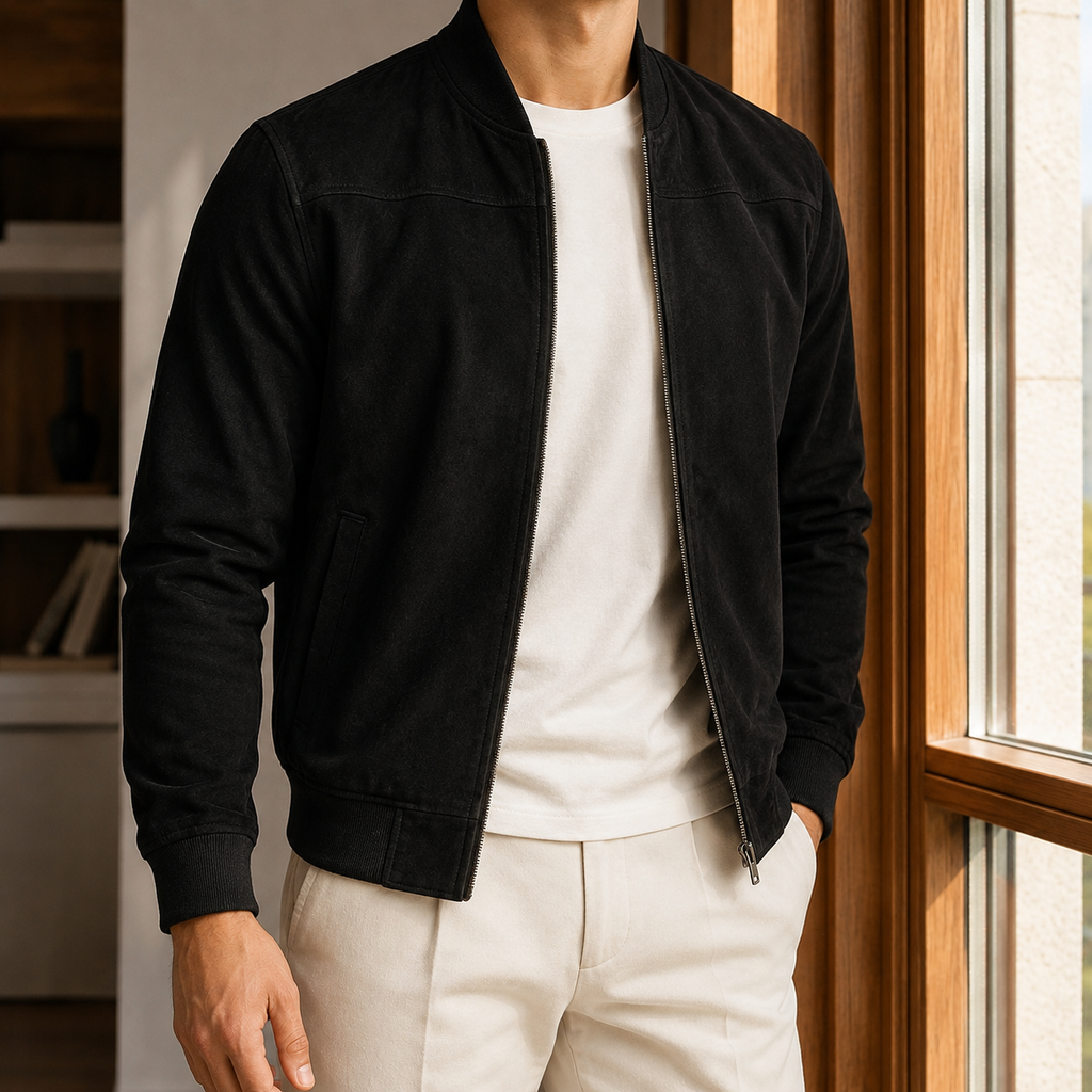 Bomber Jacket in Black showing the ribbed trims and angled welt pockets