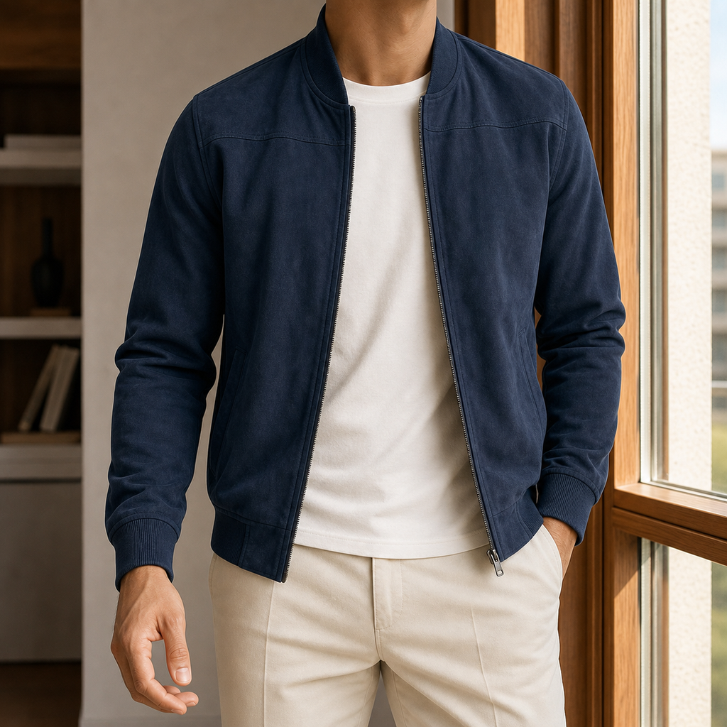 Bomber Jacket in Navy showing the ribbed trims and angled welt pockets
