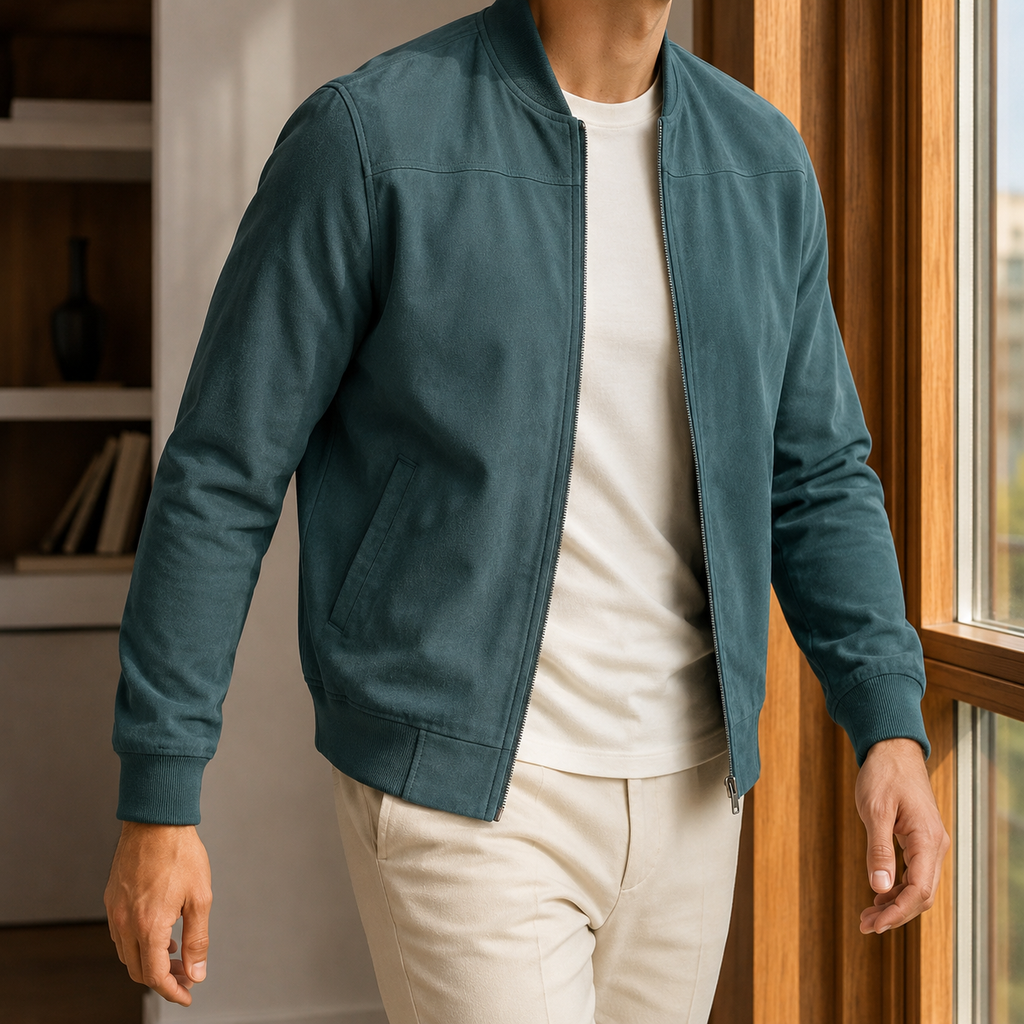Bomber Jacket in Teal showing the ribbed trims and angled welt pockets