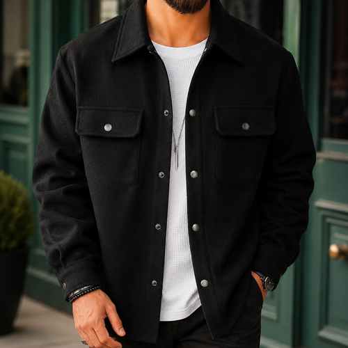 Brushed Jacket in Classic Black showing the metal snap front and flap chest pockets