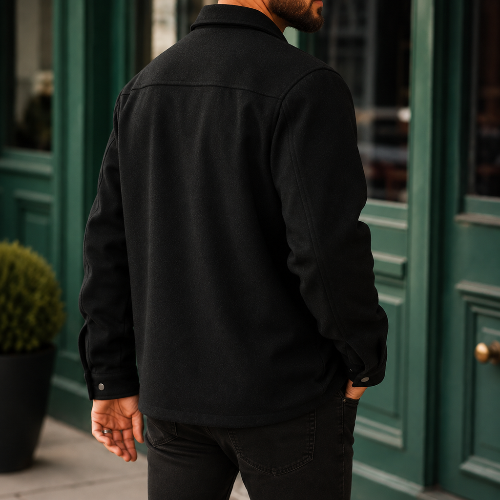 Additional view 2 of the Warm Khaki brushed jacket showing the metal snap front and flap chest pockets and construction