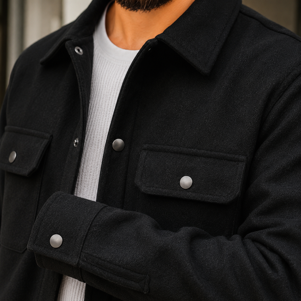 Additional view 3 of the Warm Khaki brushed jacket showing the metal snap front and flap chest pockets and construction