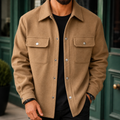 Brushed Jacket in Warm Khaki showing the metal snap front and flap chest pockets