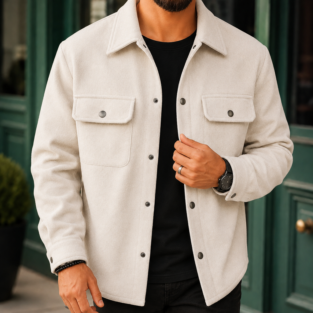 Brushed Jacket in Soft Off-white showing the metal snap front and flap chest pockets