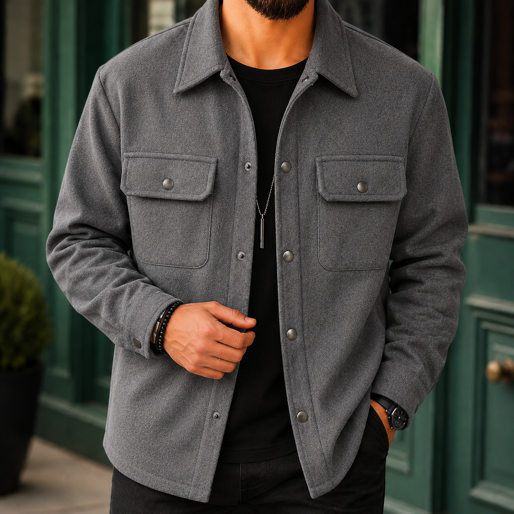 Brushed Jacket in Charcoal Gray showing the metal snap front and flap chest pockets
