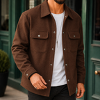 Brushed Jacket in Rich Coffee showing the metal snap front and flap chest pockets