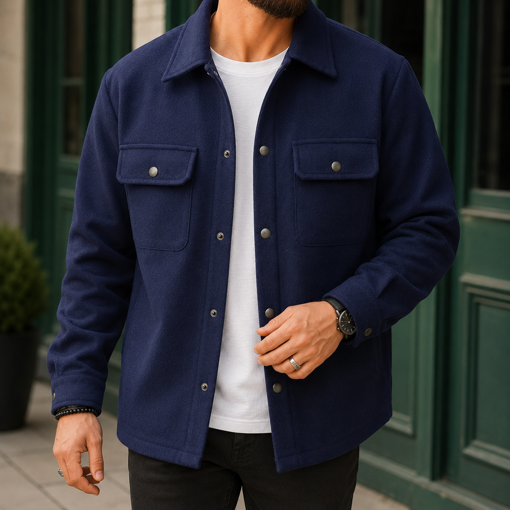 Brushed Jacket in Deep Navy showing the metal snap front and flap chest pockets