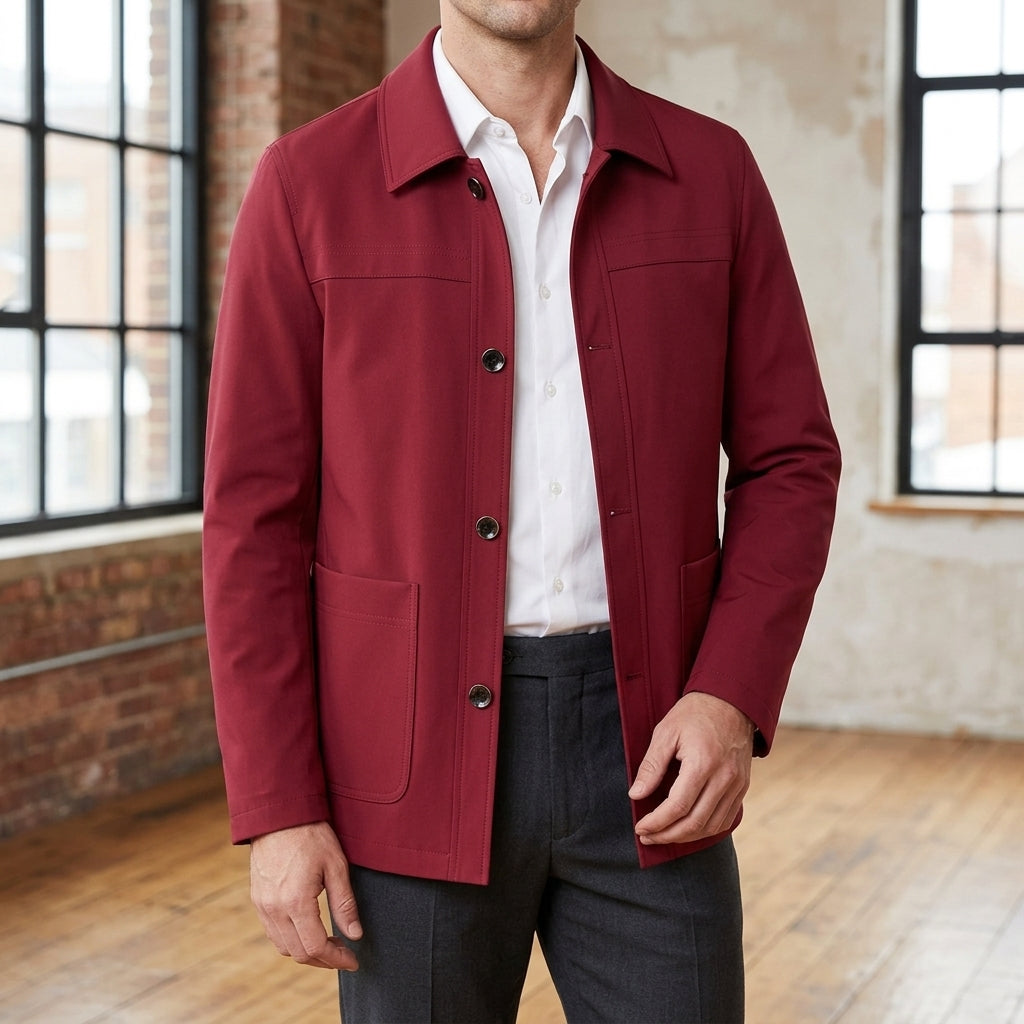 Button Front Jacket in Burgundy showing the spread collar and four-button front