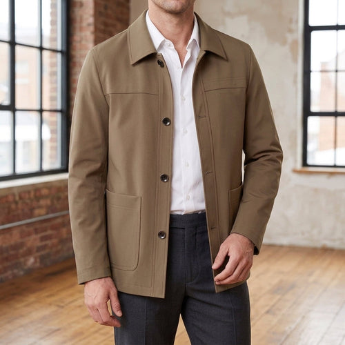 Button Front Jacket in Khaki showing the spread collar and four-button front