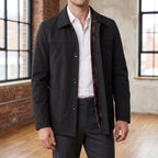 Button Front Jacket in Black showing the spread collar and four-button front