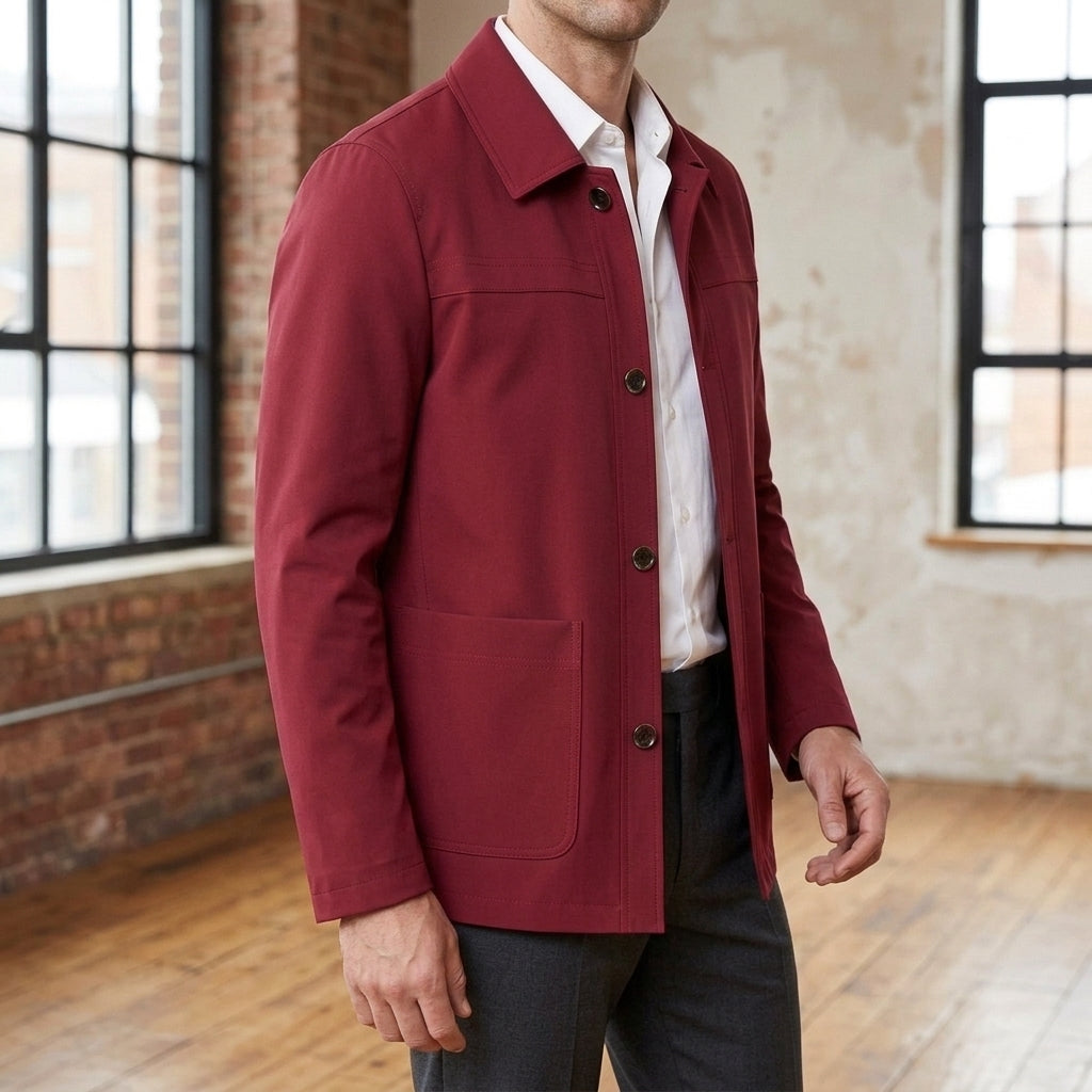 Additional view 5 of the Khaki button front jacket showing the spread collar and four-button front and construction