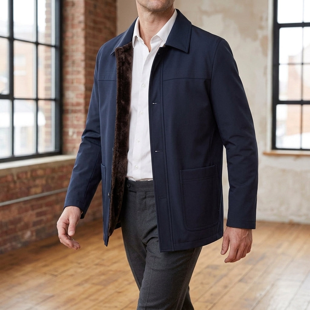 Additional view 6 of the Khaki button front jacket showing the spread collar and four-button front and construction