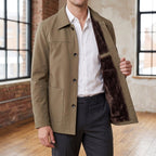 Additional view 7 of the Khaki button front jacket showing the spread collar and four-button front and construction