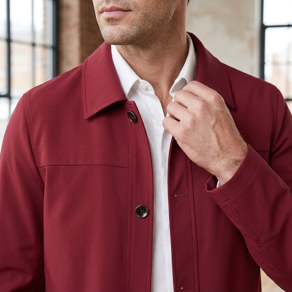 Additional view 8 of the Khaki button front jacket showing the spread collar and four-button front and construction