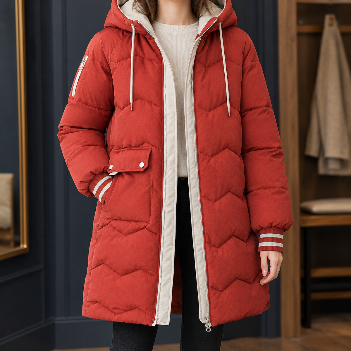 Woman wearing a red chevron quilted longline jacket with a drawstring hood