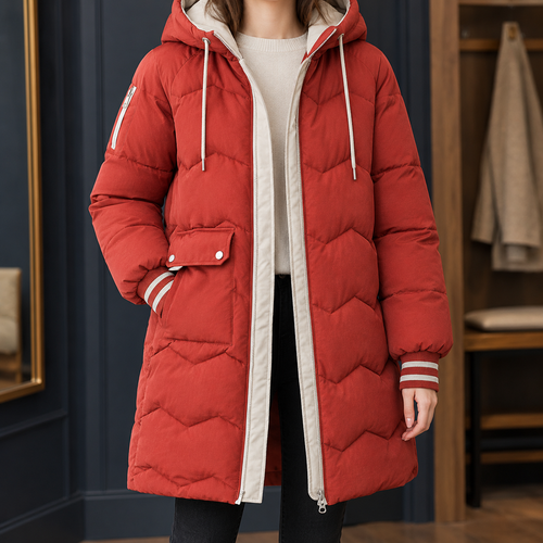 Woman wearing a red chevron quilted longline jacket with a drawstring hood