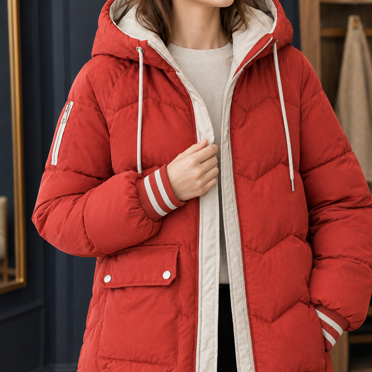 Close view of the red quilted jacket showing its chevron stitching and zip front