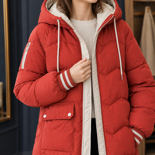 Close view of the red quilted jacket showing its chevron stitching and zip front