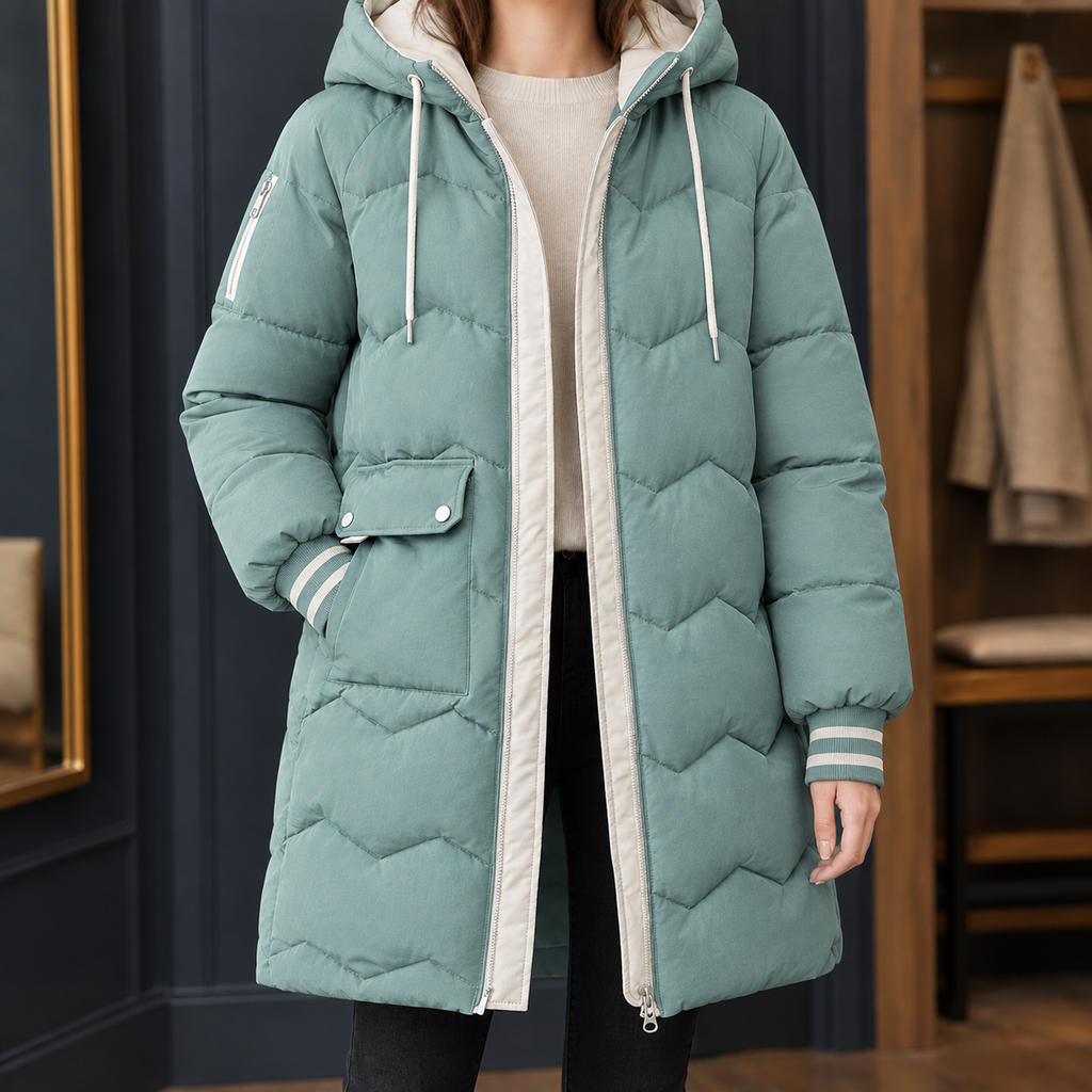 Woman wearing the chevron quilted hooded jacket in green