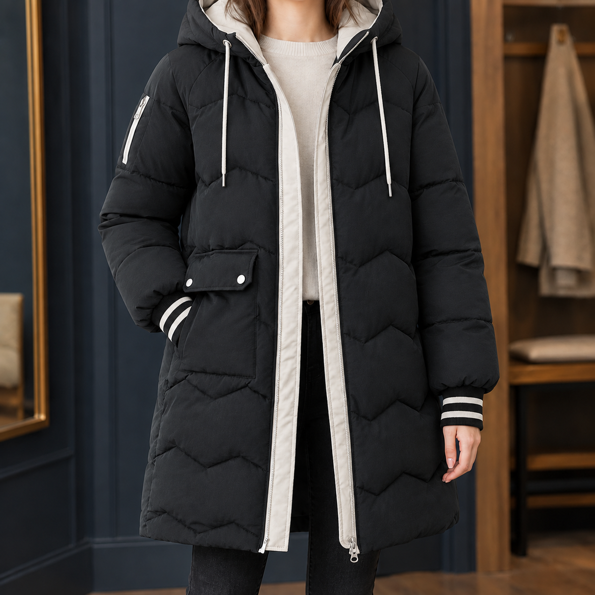 Woman wearing the chevron quilted hooded jacket in black