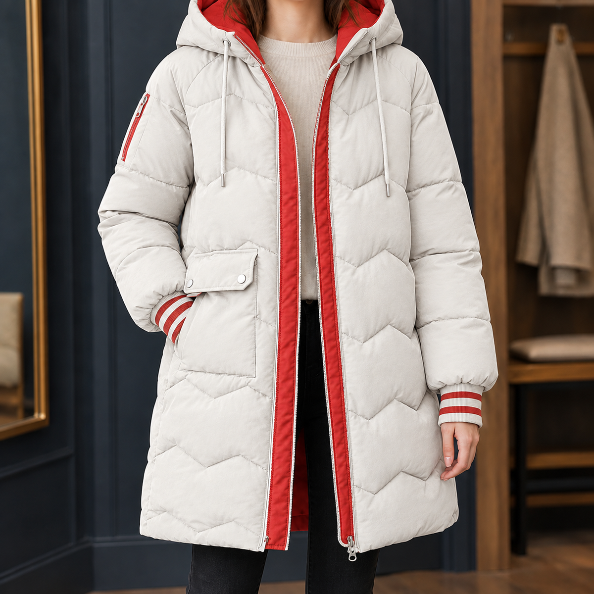 Woman wearing the chevron quilted hooded jacket in off white
