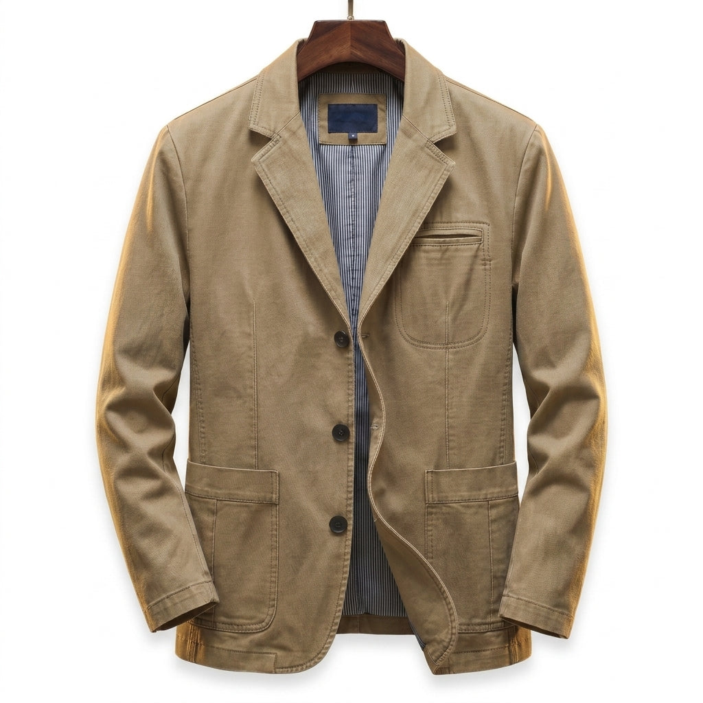 Blazer in Khaki showing the structured shoulders and button-front shape