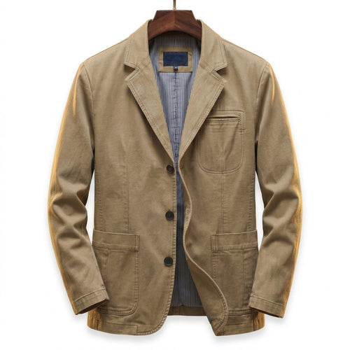 Blazer in Khaki showing the structured shoulders and button-front shape