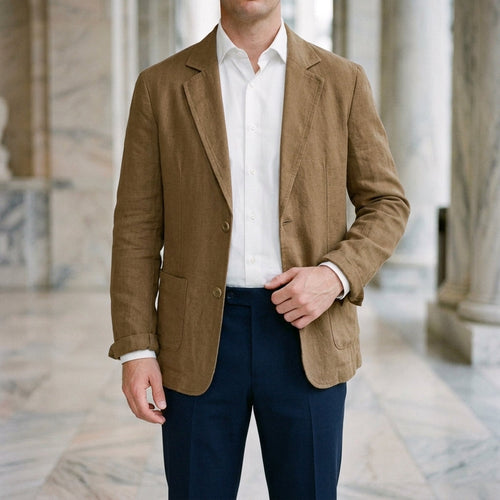 Overshirt in Caramel showing the unstructured lapel and relaxed drape