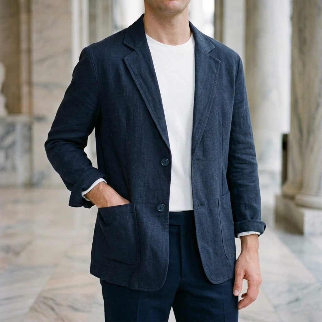 Overshirt in Dark Blue showing the unstructured lapel and relaxed drape