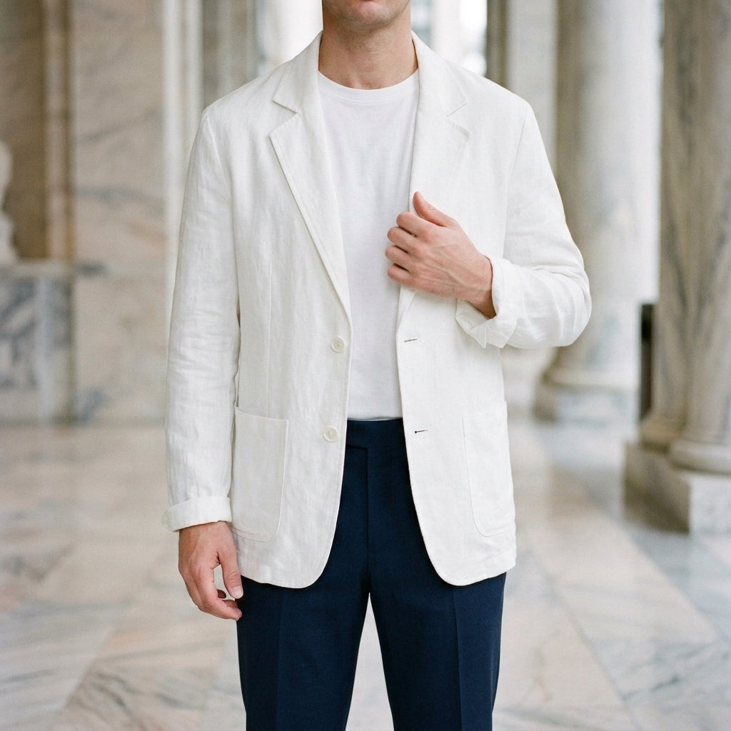 Overshirt in White showing the unstructured lapel and relaxed drape