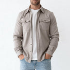 Overshirt in Gray showing the spread collar and flap chest pockets