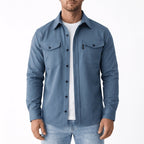 Overshirt in Blue showing the spread collar and flap chest pockets