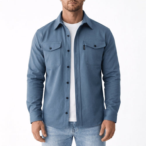 Overshirt in Blue showing the spread collar and flap chest pockets