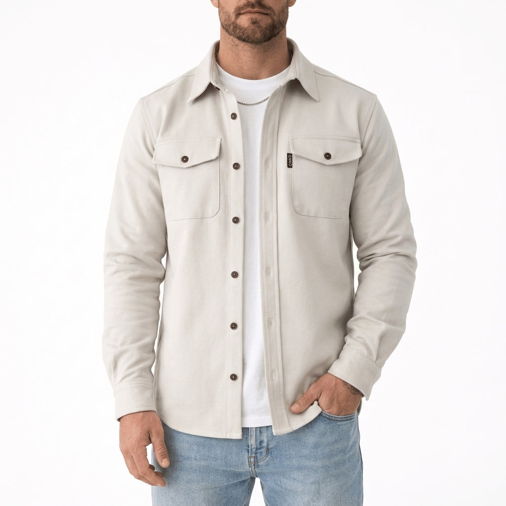 Overshirt in White showing the spread collar and flap chest pockets