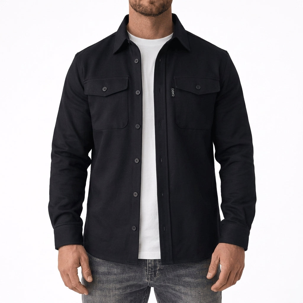 Overshirt in Black showing the spread collar and flap chest pockets