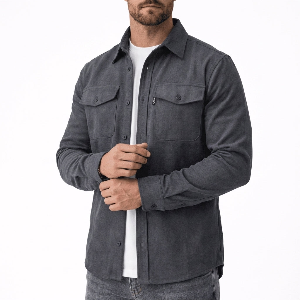 Overshirt in Dark Gray showing the spread collar and flap chest pockets